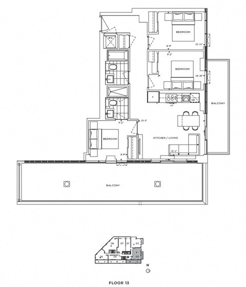 Floor plan for 3 beds, 2 baths, 909 sqft